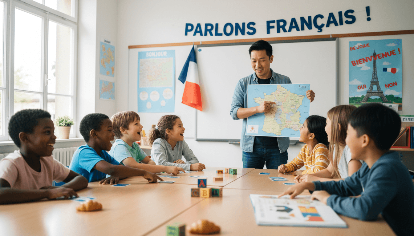 Children learning French in a bright classroom with a male Asian teacher at The French Club.