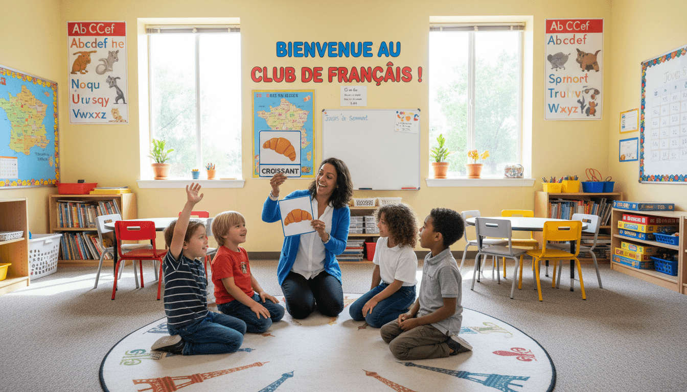 Children learning French in a bright, engaging classroom at The French Club in Stockton with a teacher.