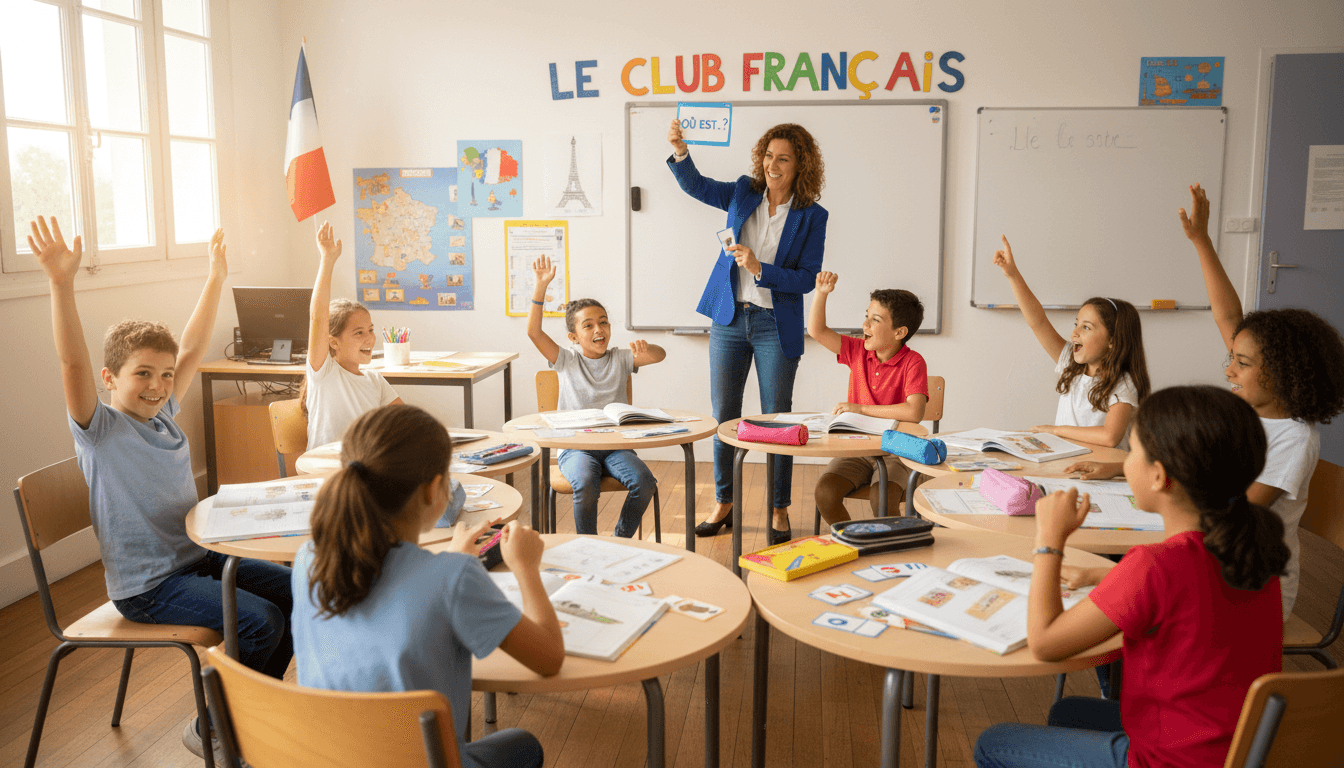 Children in a bright classroom learning French with a teacher at The French Club in Stockton.